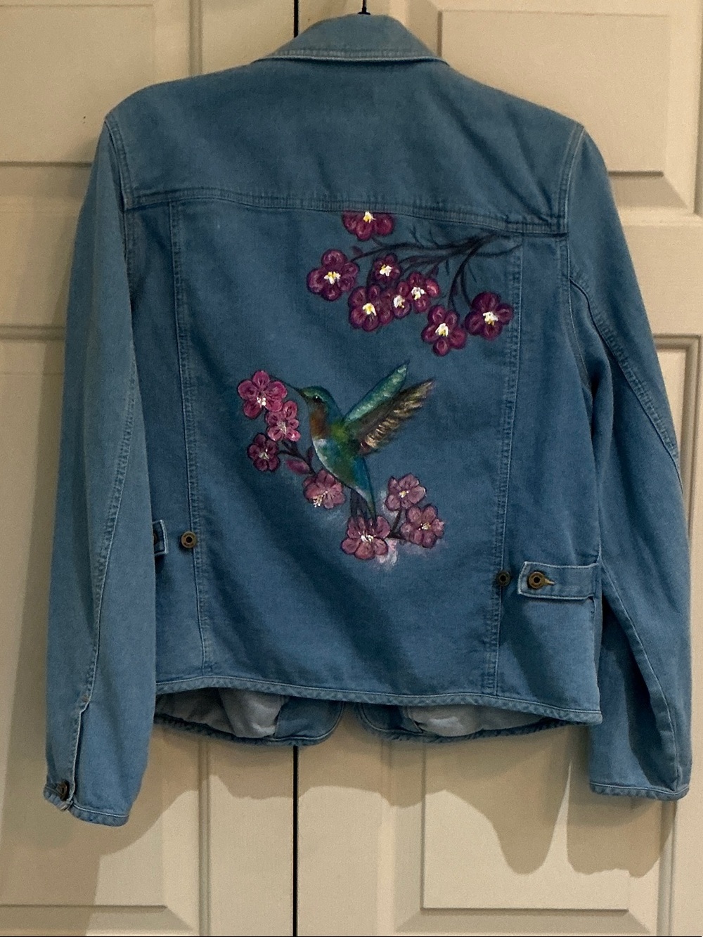 UPCYCLED Jones New York Light Blue Corduroy Jacket Floral Hummingbird